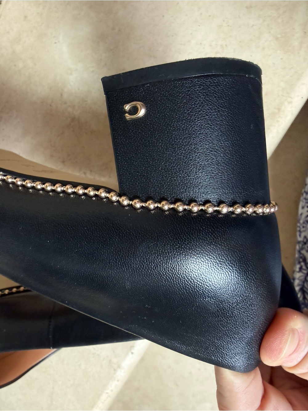 Coach Black Pointed Low Block Heel Pumps with Gold Stud Trim - Picture 12 of 16